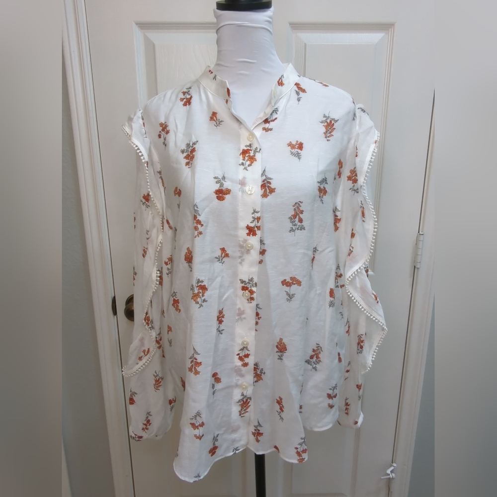 Ann Taylor White Orange Floral Ruffle Long Sleeve Blouse Medium